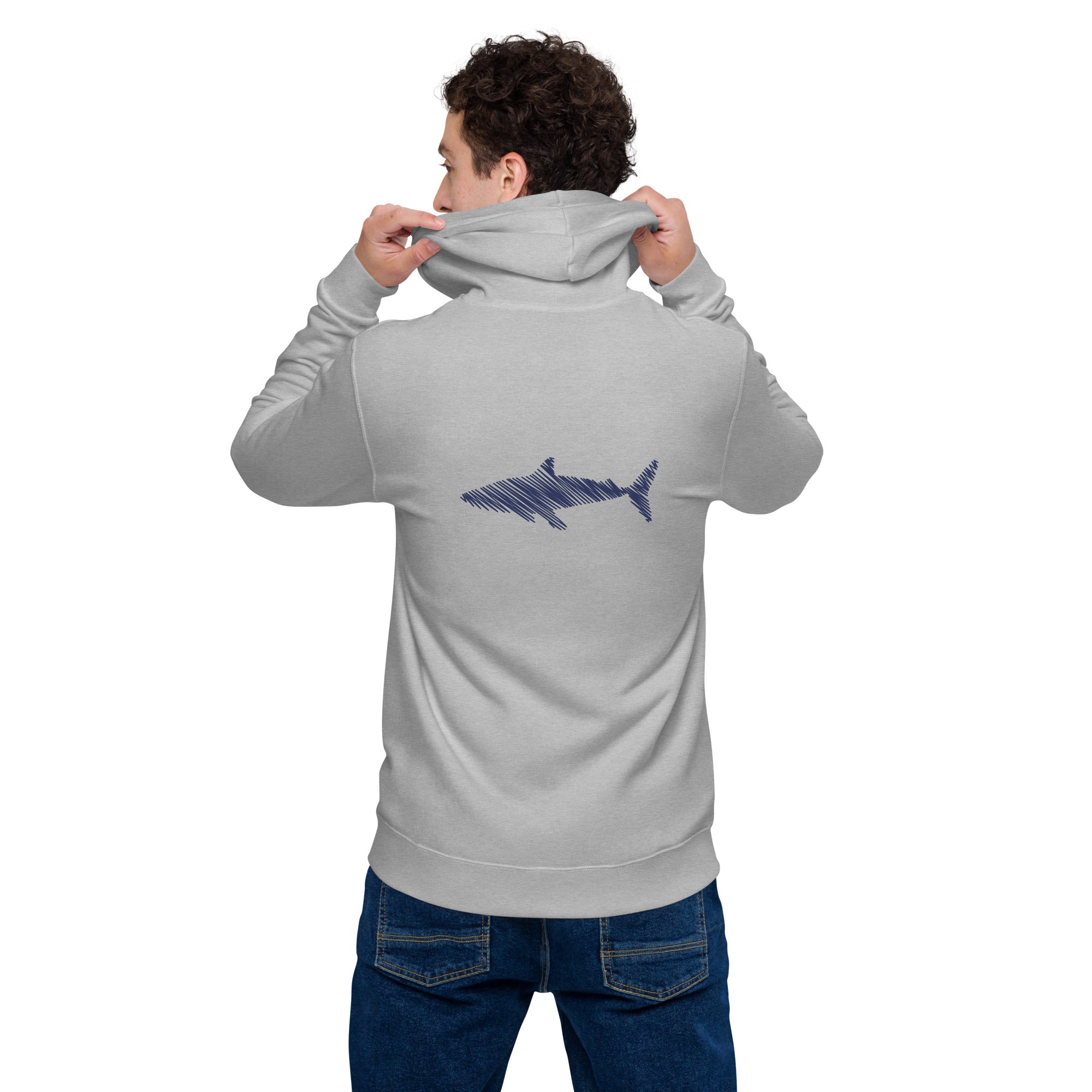 Sudadera gris con tiburón azul unisex